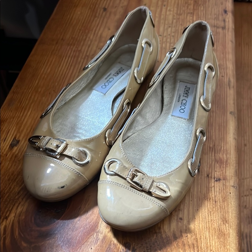 Jimmy Choo Cream Flats with Rounded Toe and Metal Detail